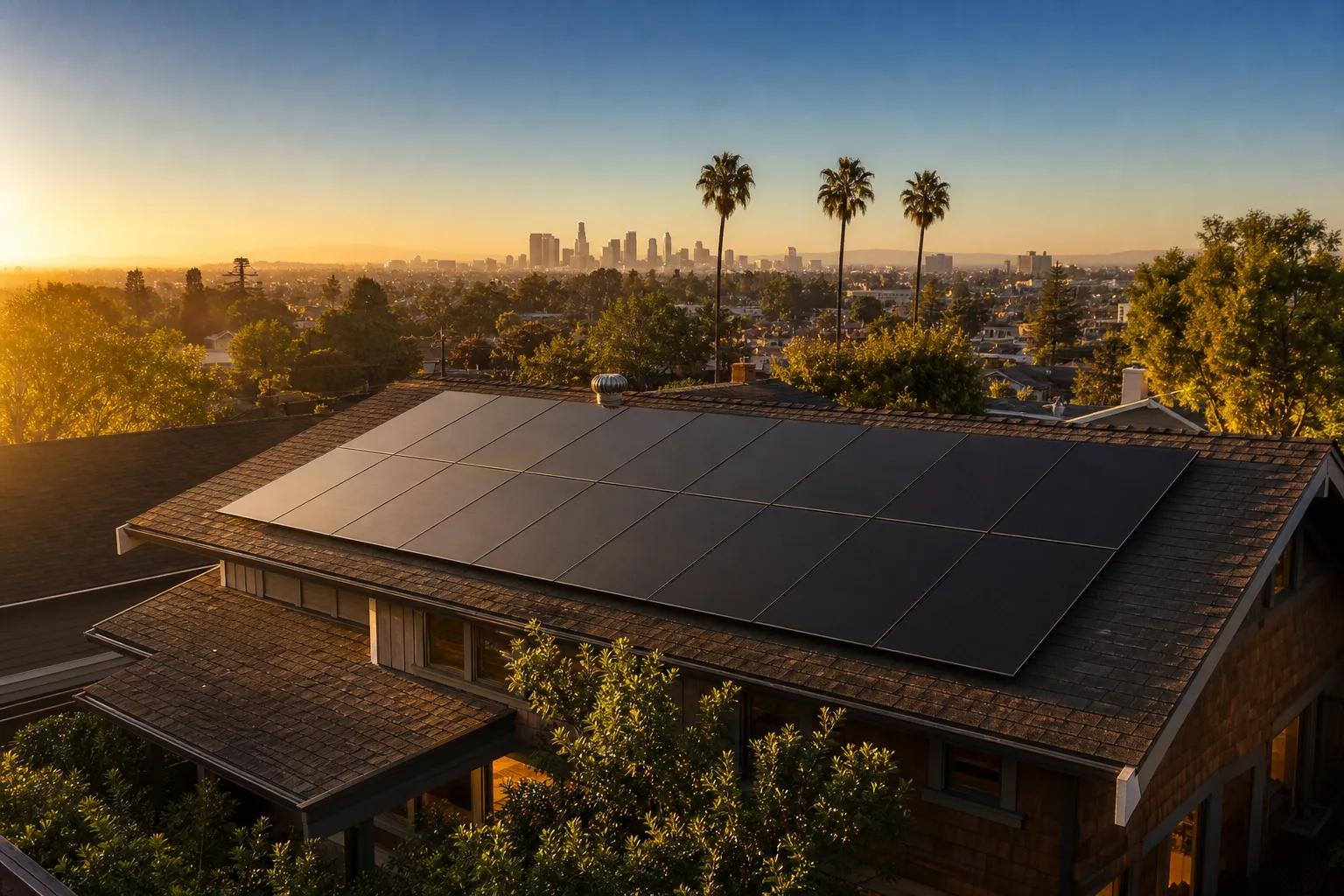 All-black solar panels on a Los Angeles craftsman home at golden hour with the LA skyline behind